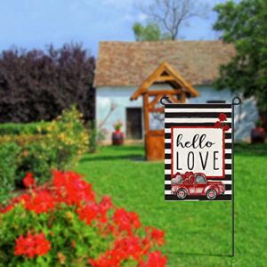 Hello Love Valentines Day Garden Flag Burlap 12×18 Inch Vertical Double Sided, Red Truck and Love Farmhouse Rustic Seasonal Yard Outdoor Decorations DF165