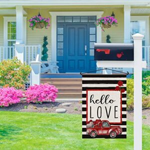 Hello Love Valentines Day Garden Flag Burlap 12×18 Inch Vertical Double Sided, Red Truck and Love Farmhouse Rustic Seasonal Yard Outdoor Decorations DF165