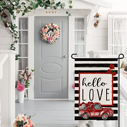 Hello Love Valentines Day Garden Flag Burlap 12×18 Inch Vertical Double Sided, Red Truck and Love Farmhouse Rustic Seasonal Yard Outdoor Decorations DF165