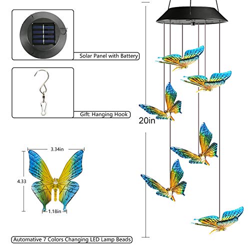 Toodour Solar Wind Chime Outdoor, Color Changing Wind Chimes Butterfly, LED Decorative Mobile, Waterproof Outdoor Decorative Lights for Patio, Balcony, Bedroom, Party, Yard, Window, Garden