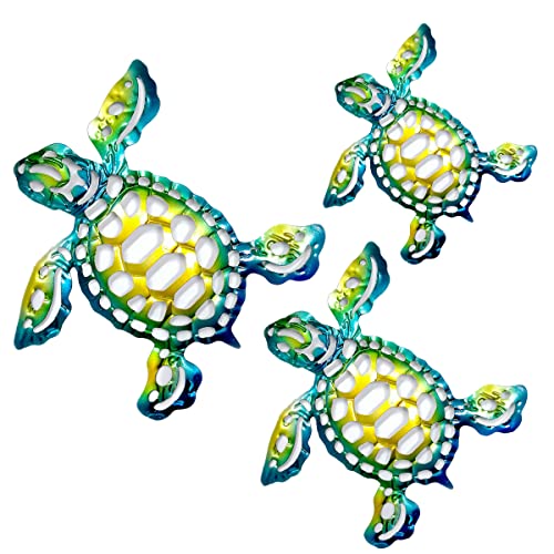 Daogtc Metal Sea Turtle Wall Art Decor,Set of 3 Beach Ocean Nautical Theme Hanging Decorations, Metal Art Decor for Patio Fence Living Room Pool Bathroom Garden