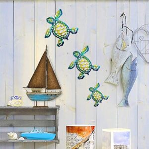 Daogtc Metal Sea Turtle Wall Art Decor,Set of 3 Beach Ocean Nautical Theme Hanging Decorations, Metal Art Decor for Patio Fence Living Room Pool Bathroom Garden