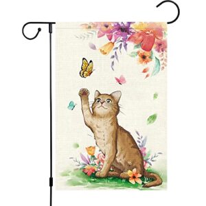 spring garden flag cat 12×18 double sided, burlap small welcome flower flraol garden yard flags vertical seasonal outside outdoor house decoration (only flag)