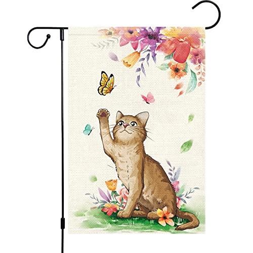 Spring Garden Flag Cat 12x18 Double Sided, Burlap Small Welcome Flower Flraol Garden Yard Flags Vertical Seasonal Outside Outdoor House Decoration (Only Flag)