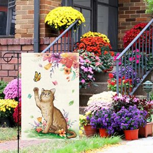 Spring Garden Flag Cat 12x18 Double Sided, Burlap Small Welcome Flower Flraol Garden Yard Flags Vertical Seasonal Outside Outdoor House Decoration (Only Flag)