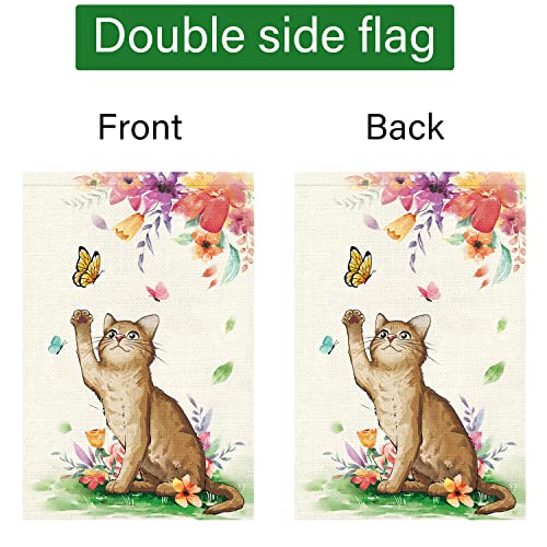 Spring Garden Flag Cat 12x18 Double Sided, Burlap Small Welcome Flower Flraol Garden Yard Flags Vertical Seasonal Outside Outdoor House Decoration (Only Flag)