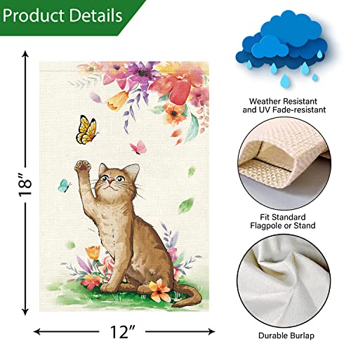 Spring Garden Flag Cat 12x18 Double Sided, Burlap Small Welcome Flower Flraol Garden Yard Flags Vertical Seasonal Outside Outdoor House Decoration (Only Flag)