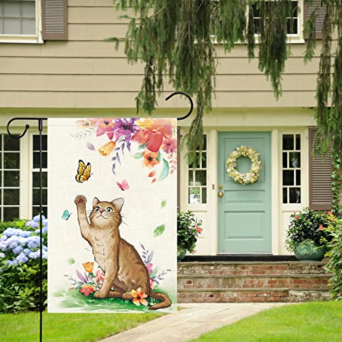 Spring Garden Flag Cat 12x18 Double Sided, Burlap Small Welcome Flower Flraol Garden Yard Flags Vertical Seasonal Outside Outdoor House Decoration (Only Flag)