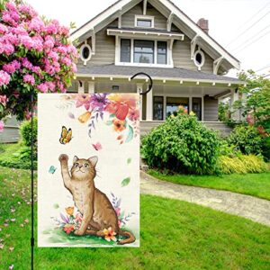 Spring Garden Flag Cat 12x18 Double Sided, Burlap Small Welcome Flower Flraol Garden Yard Flags Vertical Seasonal Outside Outdoor House Decoration (Only Flag)