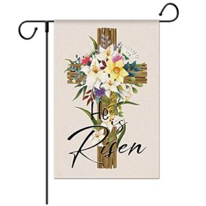 wodison he is risen easter garden flag jesus religious easter garden flag for yard house, 12×18 inch easter cross lily double sided printing, outdoors home decorative banner (only flag)