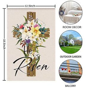 WODISON He is Risen Easter Garden Flag Jesus Religious Easter Garden Flag For Yard House, 12x18 Inch Easter Cross Lily Double Sided Printing, Outdoors Home Decorative Banner (Only Flag)