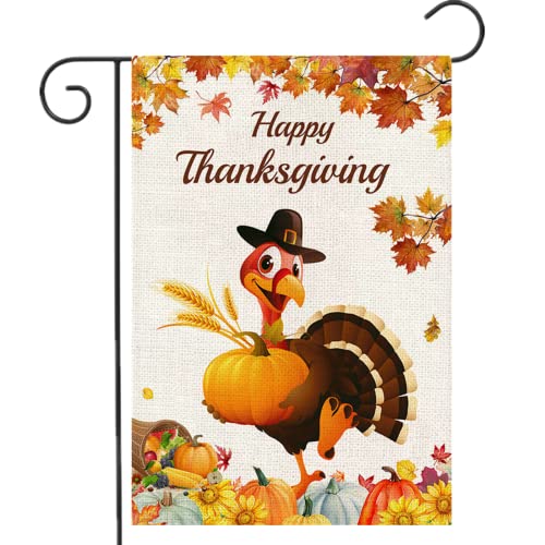 Happy Thanksgiving Garden Flags, Thanksgiving Yard Flag, Pumpkins Maple leaves Fall Flag Harvest Turkey Flags Double Sided Burlap House Decorations for Home 12 x 18 Inch