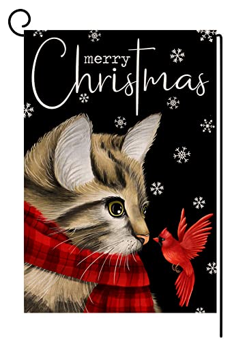 Christmas Cat Garden Flag 12x18 Vertical Double Sided Merry Christmas Cardinal Bird Farmhouse Winter Holiday Outside Decorations Black Burlap Yard Flag BW213