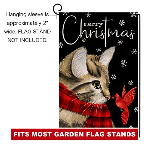 Christmas Cat Garden Flag 12x18 Vertical Double Sided Merry Christmas Cardinal Bird Farmhouse Winter Holiday Outside Decorations Black Burlap Yard Flag BW213