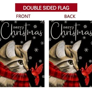 Christmas Cat Garden Flag 12x18 Vertical Double Sided Merry Christmas Cardinal Bird Farmhouse Winter Holiday Outside Decorations Black Burlap Yard Flag BW213