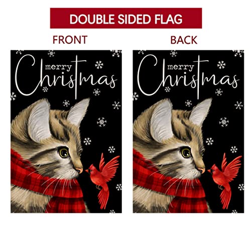 Christmas Cat Garden Flag 12x18 Vertical Double Sided Merry Christmas Cardinal Bird Farmhouse Winter Holiday Outside Decorations Black Burlap Yard Flag BW213