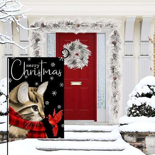 Christmas Cat Garden Flag 12x18 Vertical Double Sided Merry Christmas Cardinal Bird Farmhouse Winter Holiday Outside Decorations Black Burlap Yard Flag BW213