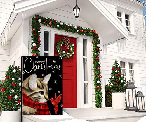 Christmas Cat Garden Flag 12x18 Vertical Double Sided Merry Christmas Cardinal Bird Farmhouse Winter Holiday Outside Decorations Black Burlap Yard Flag BW213