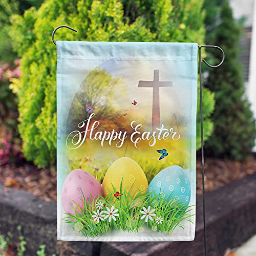 America Forever Happy Easter Garden Flag 12.5 x 18 Inch Religious Cross Holiday Spring Seasonal Yard Outdoor Decorative Double Sided Easter Eggs Garden Flag