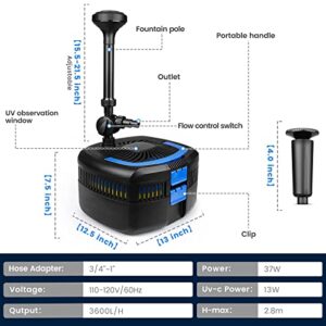 ANBULL Pond Filter Pump 950GPH, 110V/37W Fountain Submersible Water Pump can Adjust Water Flow, High Efficiency Filter Water Pump for Clearing Pond Garden Waterfall Fish Tank Aquarium