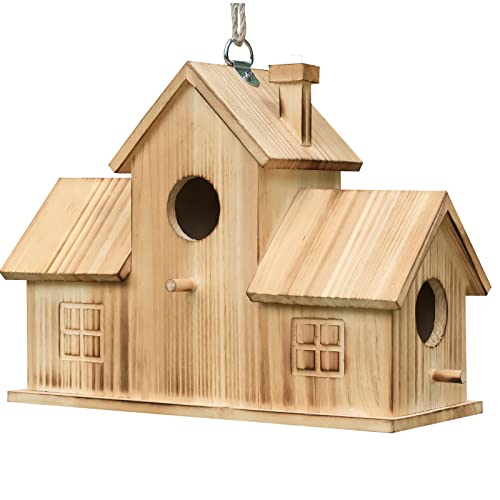 STARSWR Bird Houses for Outside,Outdoor 3 Hole Bird House Room for 3 Bird Families Bluebird Finch Cardinals Hanging Birdhouse for Garden