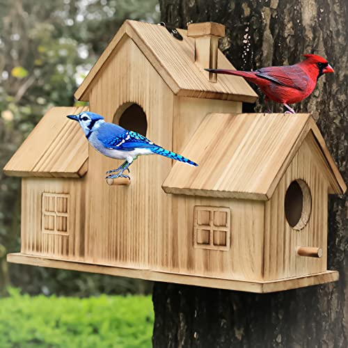 STARSWR Bird Houses for Outside,Outdoor 3 Hole Bird House Room for 3 Bird Families Bluebird Finch Cardinals Hanging Birdhouse for Garden