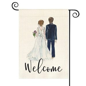 avoin colorlife bride and groom wedding garden flag double sided, welcome watercolor anniversary party yard outdoor decoration 12 x 18 inch