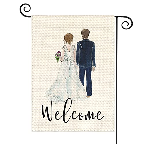 AVOIN colorlife Bride and Groom Wedding Garden Flag Double Sided, Welcome Watercolor Anniversary Party Yard Outdoor Decoration 12 x 18 Inch