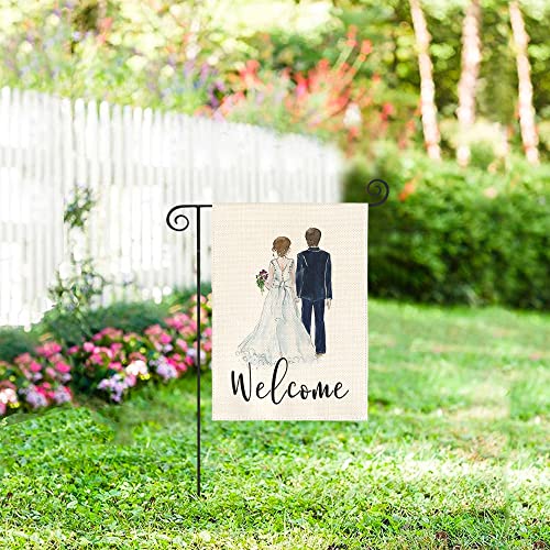 AVOIN colorlife Bride and Groom Wedding Garden Flag Double Sided, Welcome Watercolor Anniversary Party Yard Outdoor Decoration 12 x 18 Inch