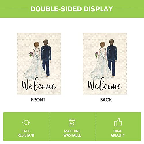 AVOIN colorlife Bride and Groom Wedding Garden Flag Double Sided, Welcome Watercolor Anniversary Party Yard Outdoor Decoration 12 x 18 Inch