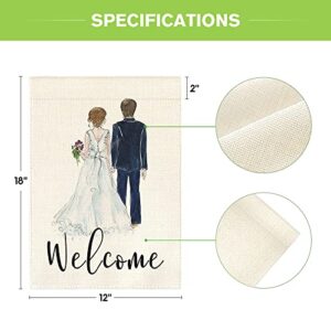 AVOIN colorlife Bride and Groom Wedding Garden Flag Double Sided, Welcome Watercolor Anniversary Party Yard Outdoor Decoration 12 x 18 Inch