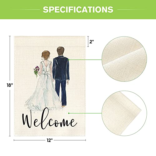 AVOIN colorlife Bride and Groom Wedding Garden Flag Double Sided, Welcome Watercolor Anniversary Party Yard Outdoor Decoration 12 x 18 Inch