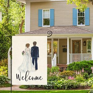 AVOIN colorlife Bride and Groom Wedding Garden Flag Double Sided, Welcome Watercolor Anniversary Party Yard Outdoor Decoration 12 x 18 Inch