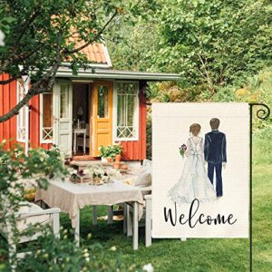 AVOIN colorlife Bride and Groom Wedding Garden Flag Double Sided, Welcome Watercolor Anniversary Party Yard Outdoor Decoration 12 x 18 Inch