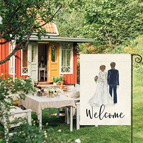 AVOIN colorlife Bride and Groom Wedding Garden Flag Double Sided, Welcome Watercolor Anniversary Party Yard Outdoor Decoration 12 x 18 Inch