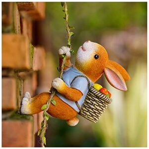 pearlead resin climbing rabbit statue with hanging rope and hook bunny garden sculpture rabbit figurine home decor bunny statue decor for indoor and outdoor
