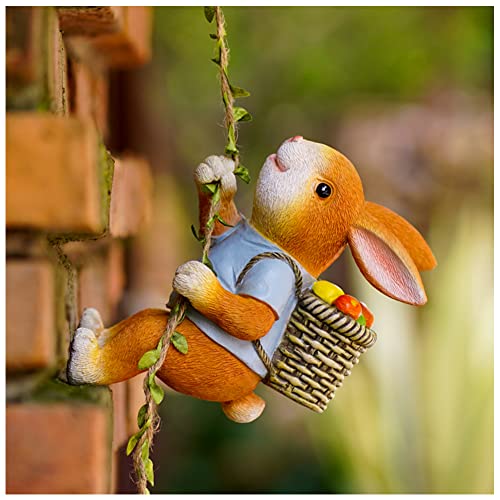 Pearlead Resin Climbing Rabbit Statue with Hanging Rope and Hook Bunny Garden Sculpture Rabbit Figurine Home Decor Bunny Statue Decor for Indoor and Outdoor