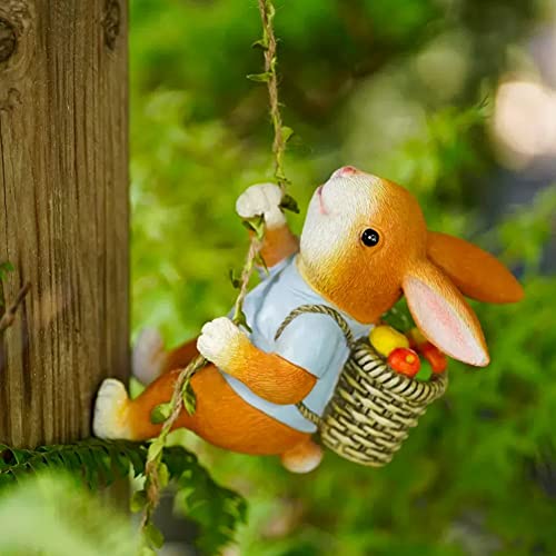 Pearlead Resin Climbing Rabbit Statue with Hanging Rope and Hook Bunny Garden Sculpture Rabbit Figurine Home Decor Bunny Statue Decor for Indoor and Outdoor