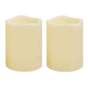 2 waterproof outdoor battery operated flameless led pillar candles with timer flickering plastic resin electric decorative light for lantern patio garden home decor party wedding decoration 3×4 inches