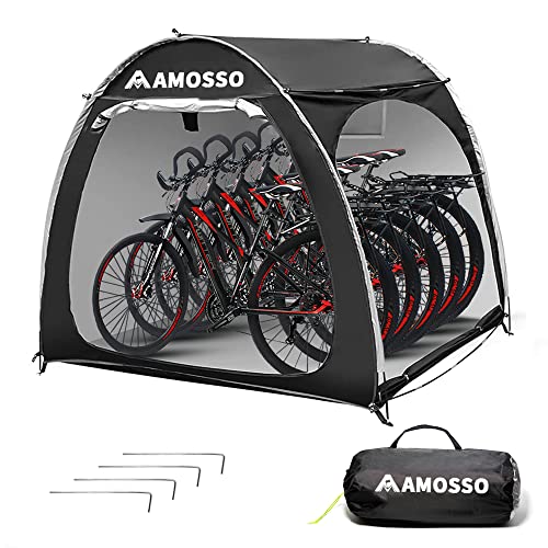 AMOSSO 4 or 5 Bike Shed Tent, Extra Thick 210D Silver Coated Oxford Waterproof & Sunproof, Double Side Opening Portable Storage Sheds Outdoor with Floor for Motorcycle, Bicycle, Garden Tools, Black