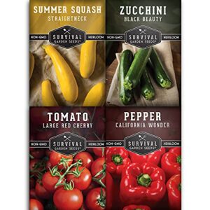 Survival Garden Seeds Kabob Skewer Vegetables Collection - Large Red Cherry Tomato, Black Beauty Zucchini, Straight Neck Summer Squash, & California Wonder Pepper Non GMO Heirloom Seeds to Plant