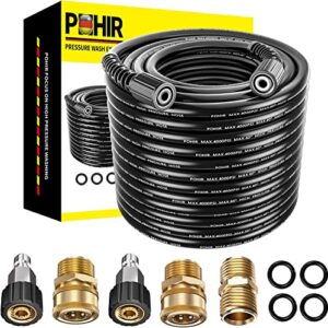 pohir pressue washer hose 100ft 1/4″, 4000 psi kink resistant heavy duty high pressure power washing replacement hose with m22 extension adapter and 4pcs m22 14mm to 3/8 quick connect
