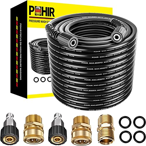 POHIR Pressue Washer Hose 100ft 1/4", 4000 PSI Kink Resistant Heavy Duty High Pressure Power Washing Replacement Hose with M22 Extension Adapter and 4pcs M22 14mm to 3/8 Quick Connect