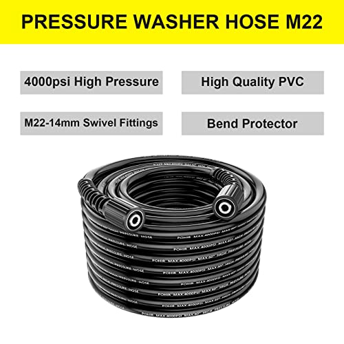 POHIR Pressue Washer Hose 100ft 1/4", 4000 PSI Kink Resistant Heavy Duty High Pressure Power Washing Replacement Hose with M22 Extension Adapter and 4pcs M22 14mm to 3/8 Quick Connect