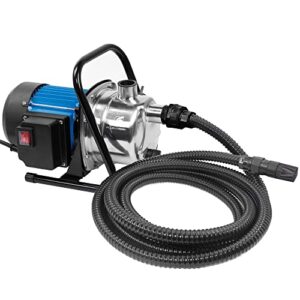 fluentpower 1 hp portable stainless steel sprinkler booster pump, electric shallow well pressure pump for home garden lawn irrigation and water transfer, 13 ft intake hose with check valve included