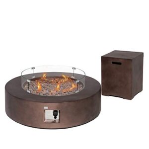 cosiest 2-piece outdoor propane firepit table set w tank table, 40.5-inch dark fire table 50,000 btu w bronze round base,wind guard and 16 inches tank side table 20lb for garden,pool