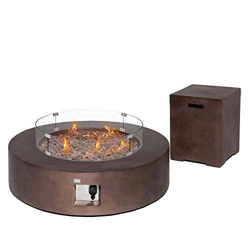 COSIEST 2-Piece Outdoor Propane Firepit Table Set w Tank Table, 40.5-inch Dark Fire Table 50,000 BTU w Bronze Round Base,Wind Guard and 16 inches Tank Side Table 20lb for Garden,Pool