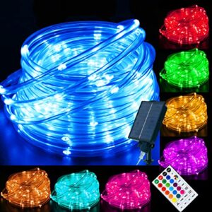 18 colors 33ft solar rope lights outdoor waterproof led, color changing 100 led rope lights blue green pink fairy string tube lights remote timer for garden fence tree party christmas holiday decor