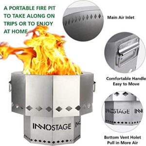 INNO STAGE Stainless Fire Pit with Portable Carrying Storage Bag, Patented Smoke-Free Firepit Bowl for Wood Pellet with Stand for Outdoor Campfire Flame or Bonfire BBQ on Patio Garden Backyard - M