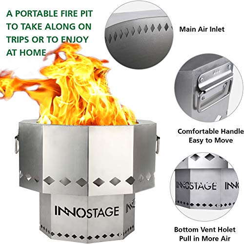 INNO STAGE Stainless Fire Pit with Portable Carrying Storage Bag, Patented Smoke-Free Firepit Bowl for Wood Pellet with Stand for Outdoor Campfire Flame or Bonfire BBQ on Patio Garden Backyard - M